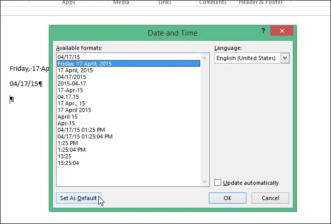 How to set the default long and short date and time formats in Word