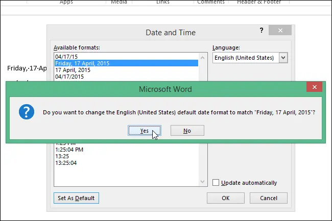 How to set the default long and short date and time formats in Word