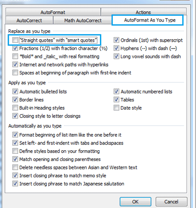 How to set up automatic replacement of straight quotes with double quotes in Word 2013