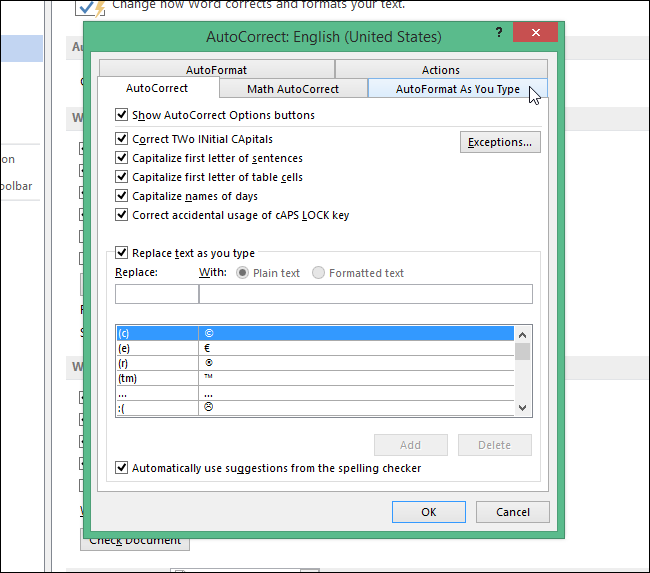 How to set up automatic replacement of straight quotes with double quotes in Word 2013