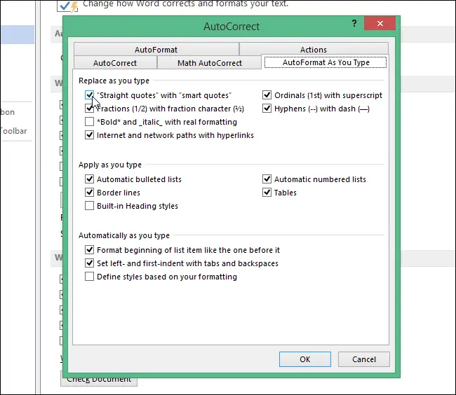 How to set up automatic replacement of straight quotes with double quotes in Word 2013