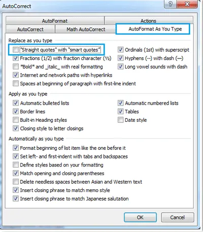 How to set up automatic replacement of straight quotes with double quotes in Word 2013