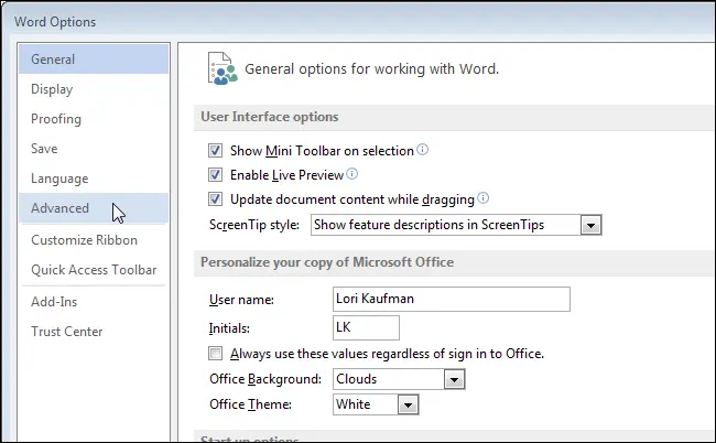 How to set up user information in Word 2013