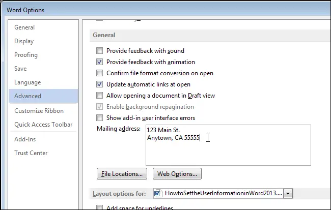 How to set up user information in Word 2013