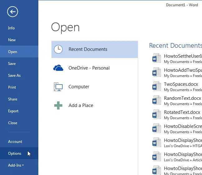 How to set up user information in Word 2013