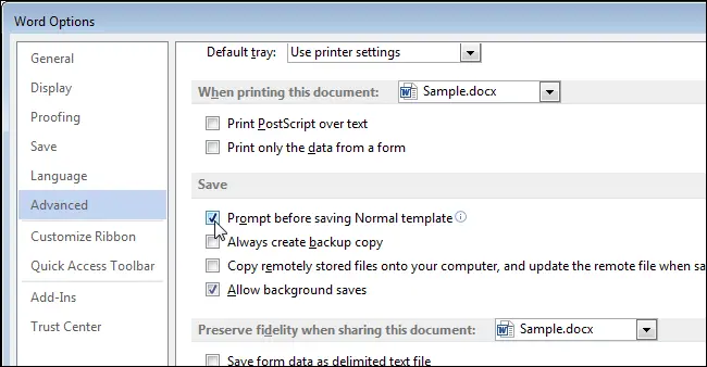 How to show a notification in Word before saving changes in the Normal template