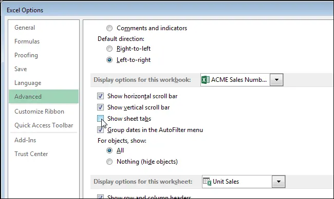 How to show and hide sheet tabs in Excel