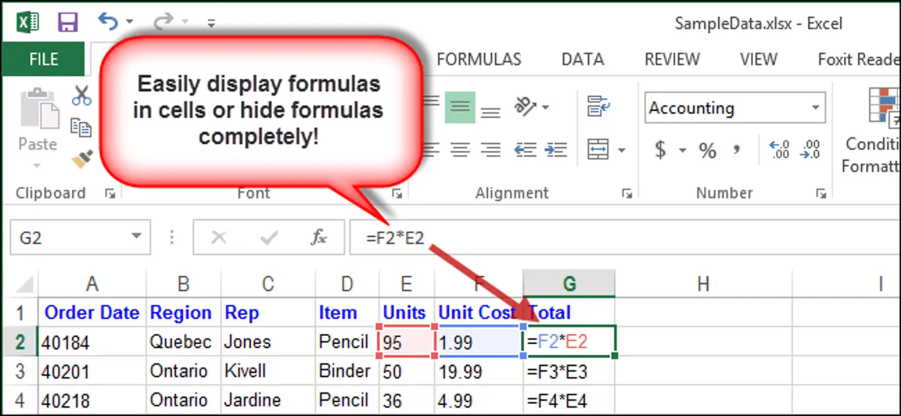 How to show formulas in cells or hide them completely in Excel 2013