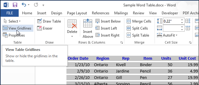 How to show or hide gridlines for table cells in Microsoft Word