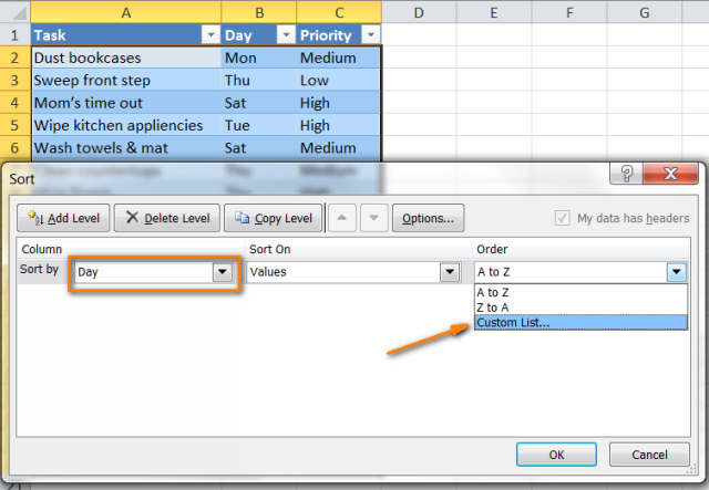 How to sort by row, column and custom list in Excel