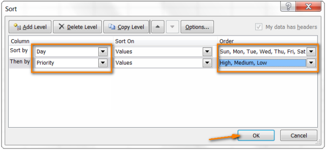 How to sort by row, column and custom list in Excel