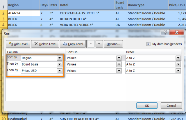 How to sort by row, column and custom list in Excel