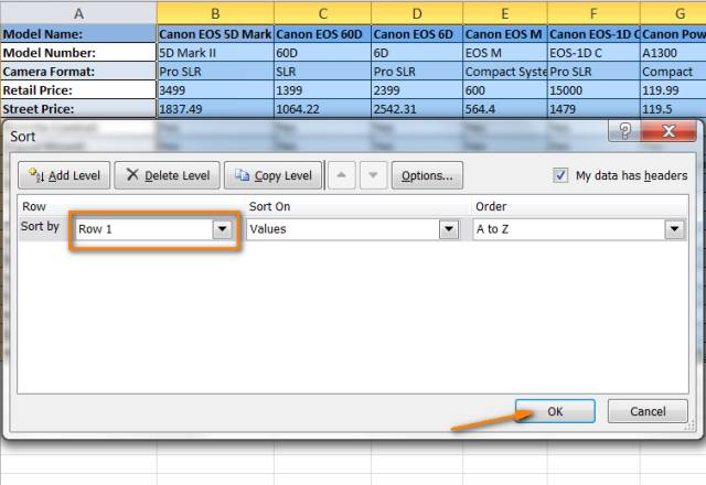 How to sort by row, column and custom list in Excel