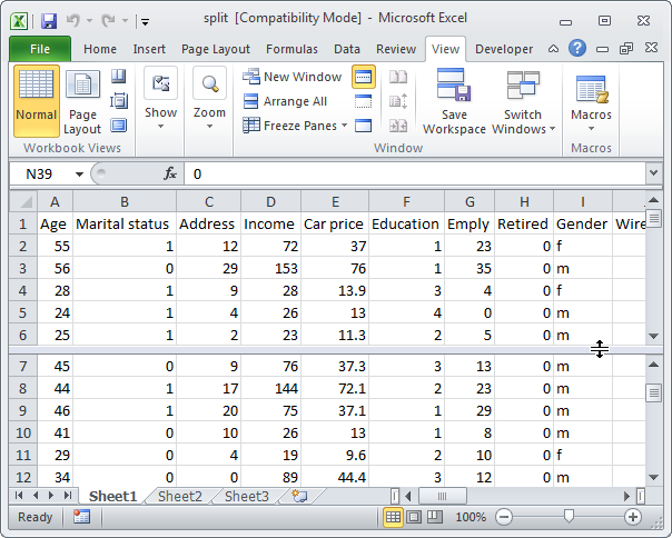 How to split a sheet in Excel