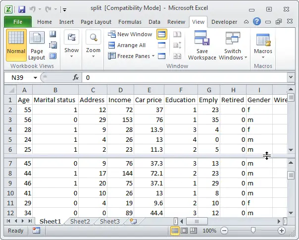 How to split a sheet in Excel