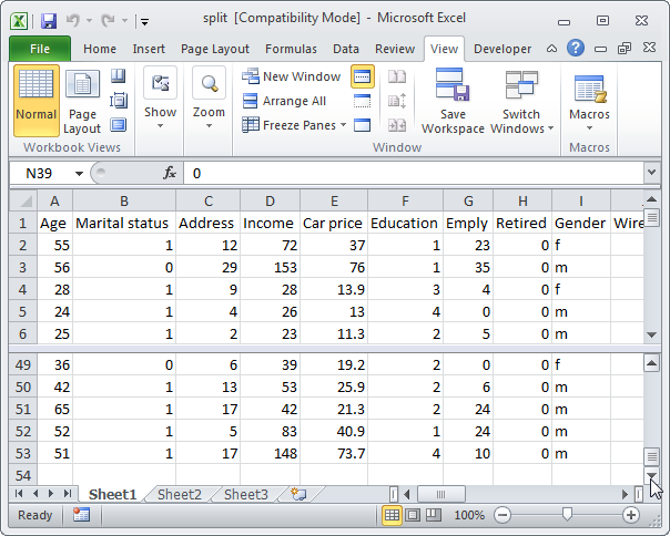 How to split a sheet in Excel