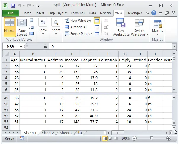 How to split a sheet in Excel