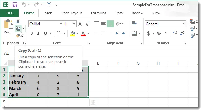 How to swap (transpose) rows and columns in Excel 2013