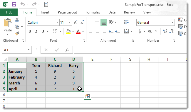 How to swap (transpose) rows and columns in Excel 2013