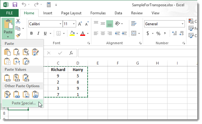 How to swap (transpose) rows and columns in Excel 2013