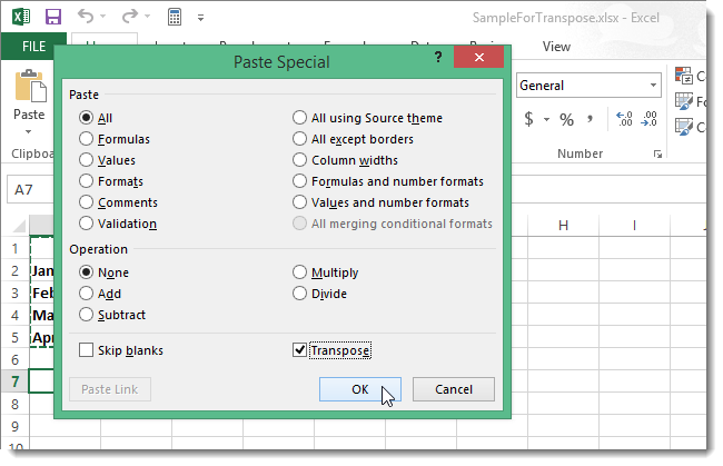 How to swap (transpose) rows and columns in Excel 2013