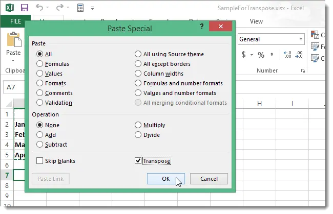 How to swap (transpose) rows and columns in Excel 2013