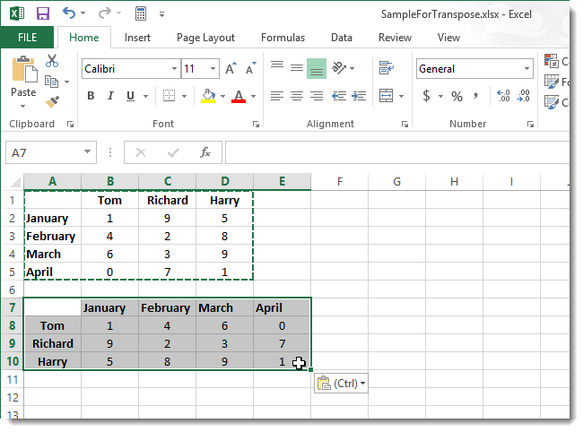 How to swap (transpose) rows and columns in Excel 2013