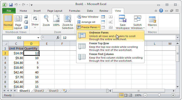 How to unfreeze regions in an Excel spreadsheet