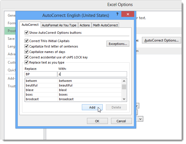 How to use AutoCorrect to assign keyboard shortcuts to characters in Excel 2013