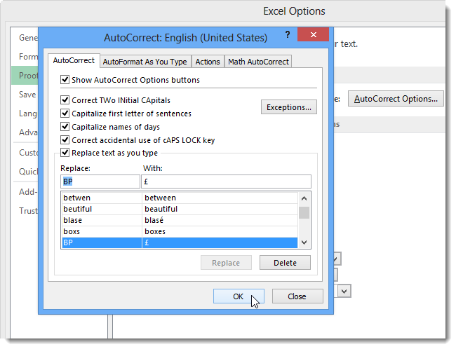 How to use AutoCorrect to assign keyboard shortcuts to characters in Excel 2013