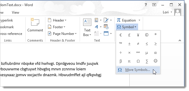 How to use symbols in Word 2013