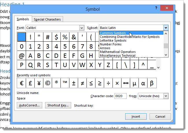 How to use symbols in Word 2013