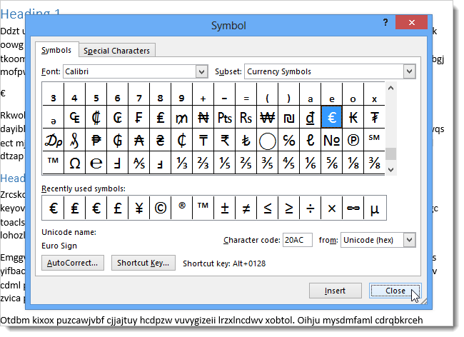 How to use symbols in Word 2013