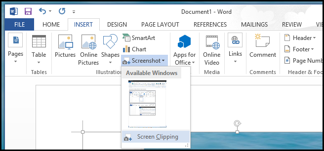 How to use the Take Screenshot tool built into Word 2013