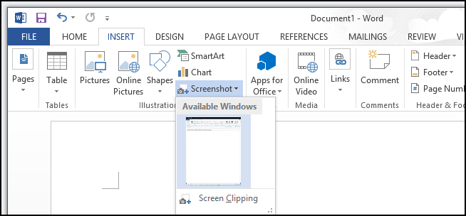 How to use the Take Screenshot tool built into Word 2013