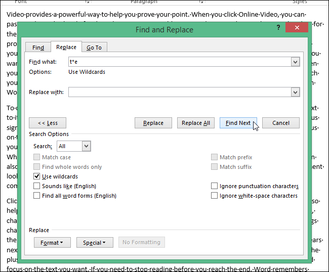 How to use wildcards when searching in Word 2013