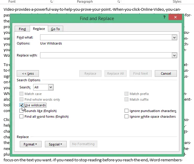 How to use wildcards when searching in Word 2013