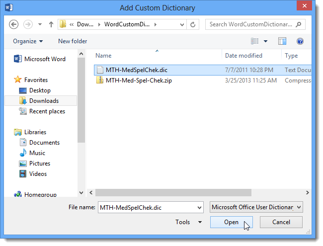 How to work with custom dictionaries in Word 2013