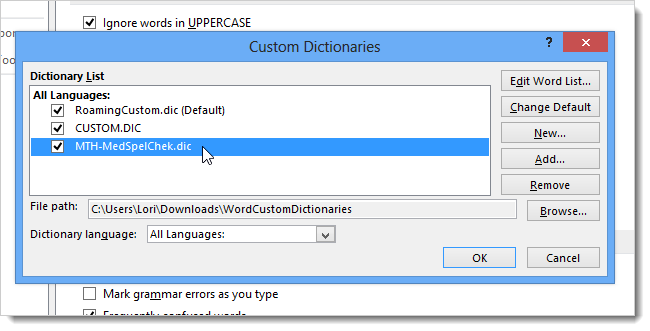 How to work with custom dictionaries in Word 2013