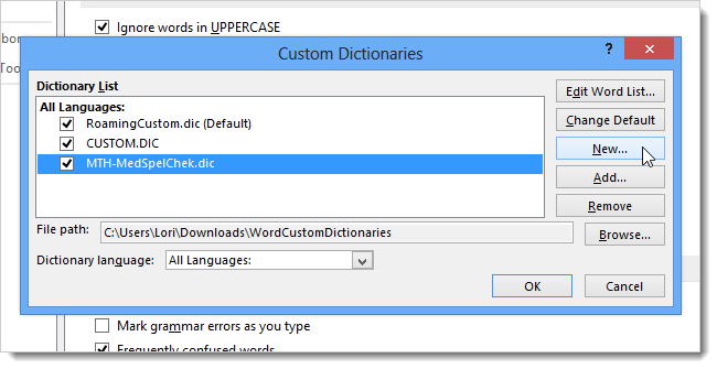 How to work with custom dictionaries in Word 2013