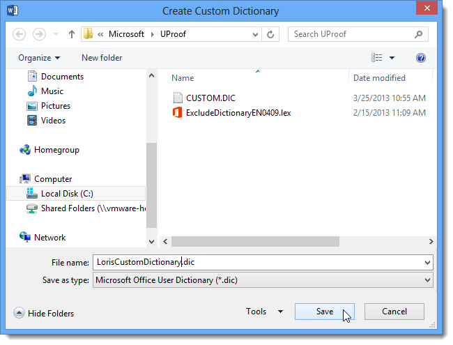 How to work with custom dictionaries in Word 2013