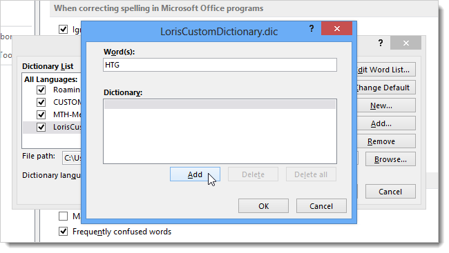 How to work with custom dictionaries in Word 2013