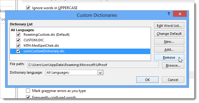 How to work with custom dictionaries in Word 2013