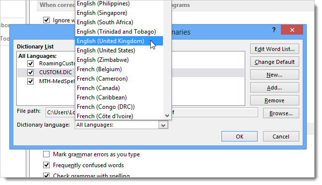 How to work with custom dictionaries in Word 2013