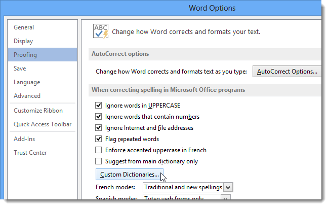 How to work with custom dictionaries in Word 2013