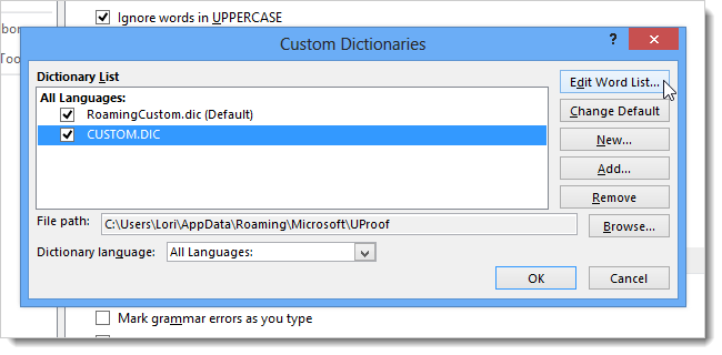 How to work with custom dictionaries in Word 2013