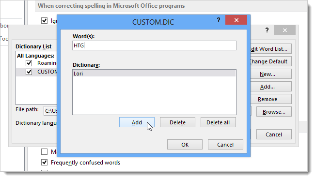 How to work with custom dictionaries in Word 2013