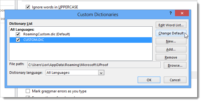 How to work with custom dictionaries in Word 2013