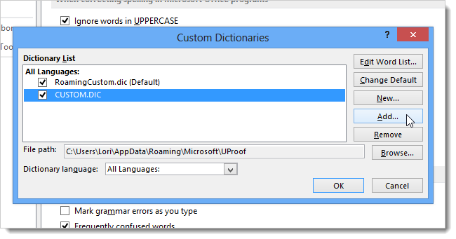 How to work with custom dictionaries in Word 2013