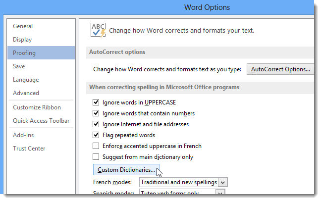 How to work with custom dictionaries in Word 2013